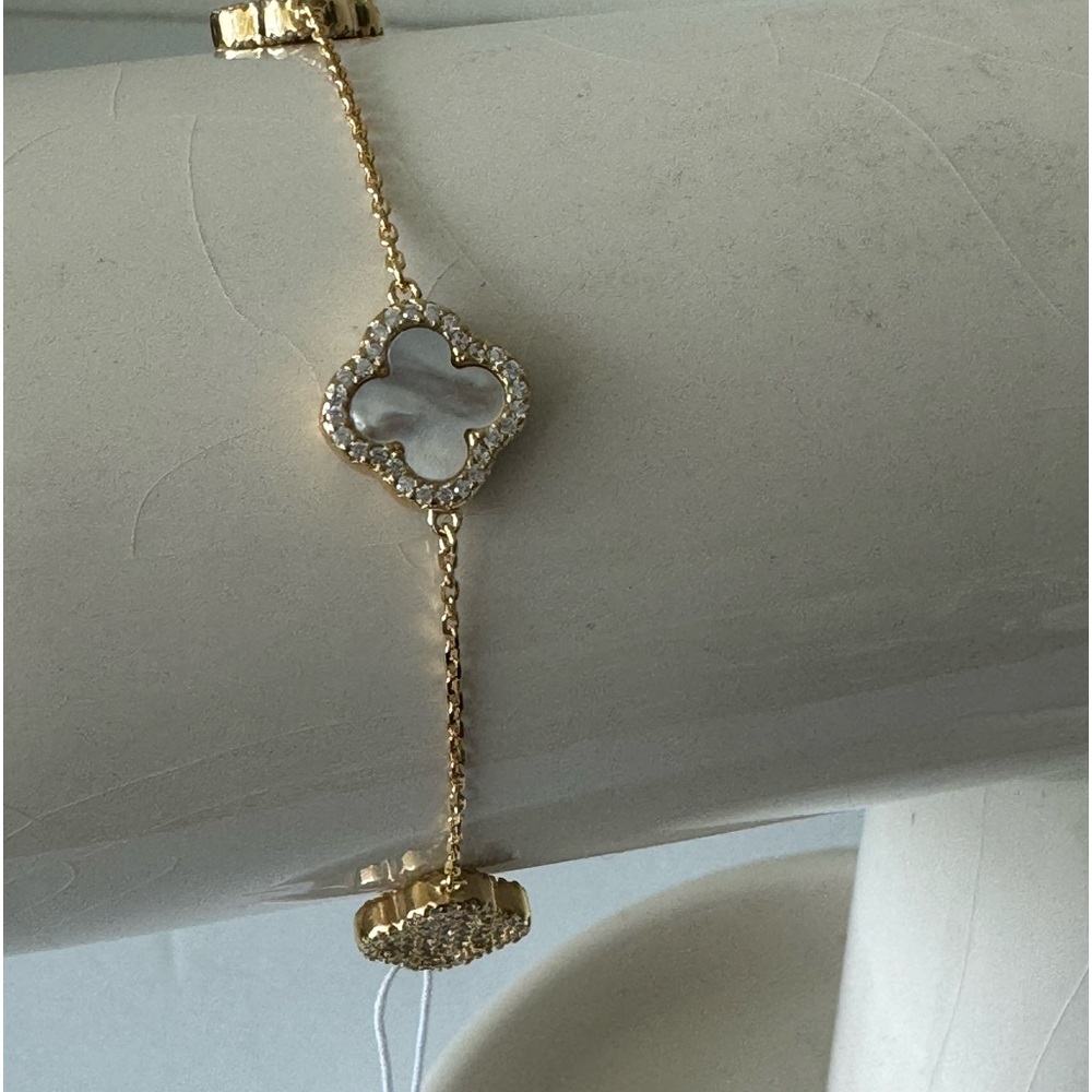 Rachel Zoe Gold Plated 925 Ster Silver Revers Bracelet Pave 3 Clover Moth OPearl - Picture 3 of 15